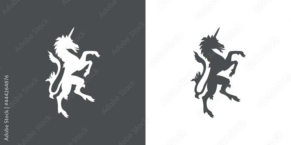 Logo heráldica con silueta de caballo unicornio medieval de pie en fondo gris y fondo blanco Logo heráldica con silueta de caballo unicornio medieval de pie en fondo gris y fondo blanco