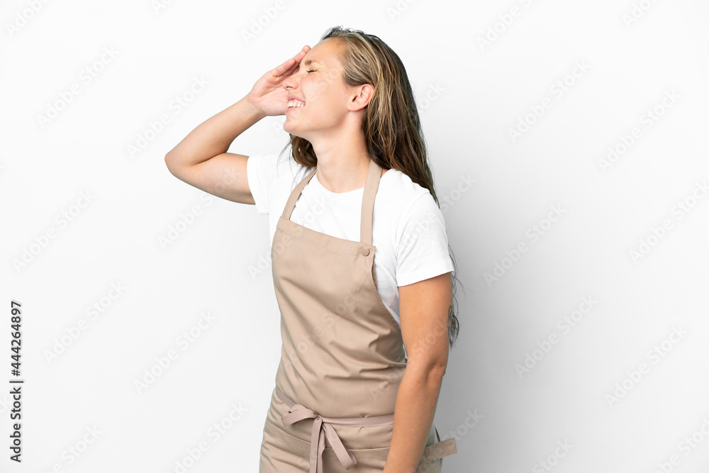 Restaurant waiter caucasian woman isolated on white background has realized something and intending the solution Restaurant waiter caucasian woman isolated on white background has realized something and intending the solution