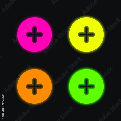 Add Round Button four color glowing neon vector icon