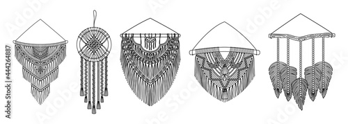 Set of vector macrame murals in boho style. Line art