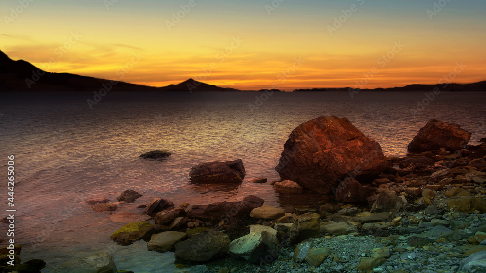 Beautiful sea evening landscape for wallpaper design. Nature landscape. landscape with a rocky shore.