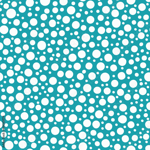 Abstract snowball seamless vector pattern background. Aqua blue white backdrop dense polka dot shapes.Modern snow scattered design with hand drawn varied sizes. All over print for winter frost concept