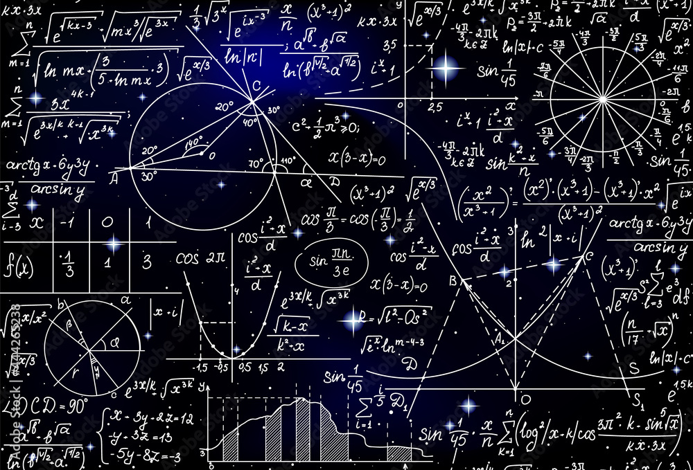 Scientific space vector seamless background with handwritten math formulas, calculations and infinity sign	
 - obrazy, fototapety, plakaty 