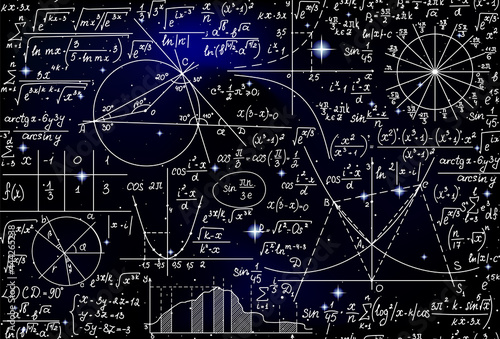 Scientific space vector seamless background with handwritten math formulas, calculations and infinity sign	
