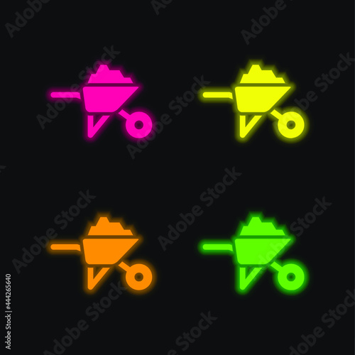 Barrow With Construction Materials four color glowing neon vector icon