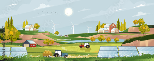 Green energy,Eco friendly in village with Solar house and windmill power,Vector solar farm on harvested field with farmhouse,tractor,wood barn, cows in the countryside.Cartoon environmentally friendly