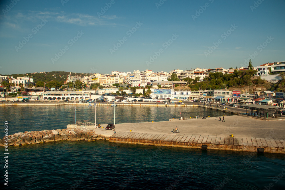 View of famous port and city of Rafina where passenger ferries travel to Aegean islands, Attica, Greece
