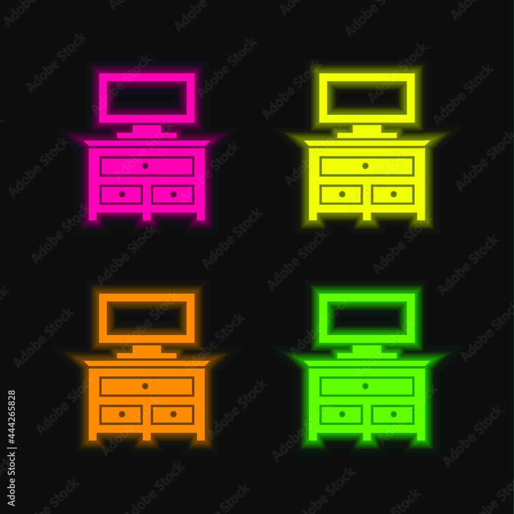 Bedroom Drawer Furniture With Tv Monitor four color glowing neon vector icon