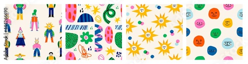 Abstract characters, various bright doodle shapes. Disproportionate faces. Different figures. Set of three Hand drawn Vector seamless Patterns. Background, wallpaper, Wrapping, textile template