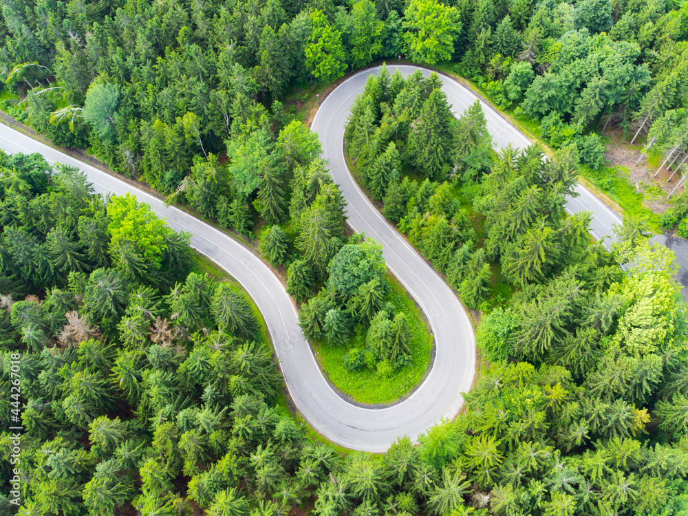 Asphalt road serpentine in the forest. Aerial view from drone. Asphalt road serpentine in the forest. Aerial view from drone.