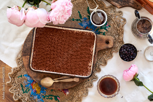 Homemade tiramisu. Top view. photo