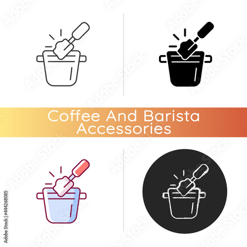 Coffee knock box icon. Container for dumping processed ground. Trash can for coffee shop. Bin for waste. Barista accessories. Linear black and RGB color styles. Isolated vector illustrations