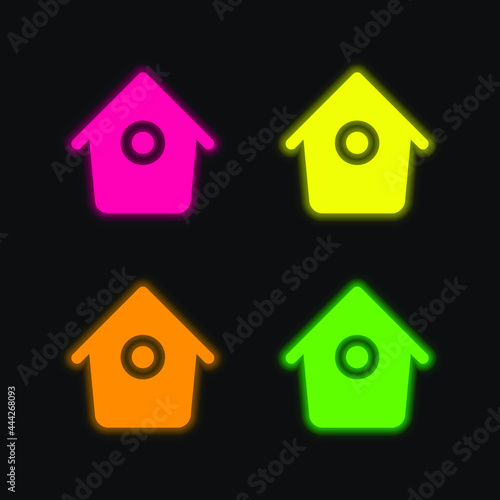 Bird House With Small Round Hole four color glowing neon vector icon