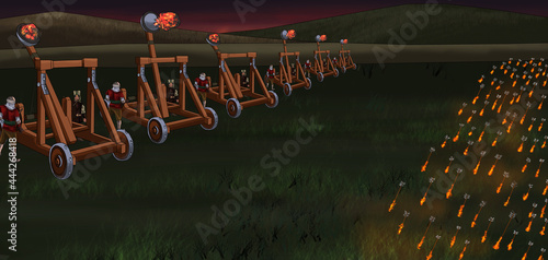 throwing flame stones on the battlefield with catapult