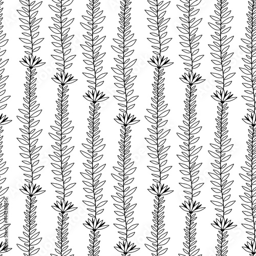 Floral black and white pattern. Hand drawn minimal flourish seamless backgrond.