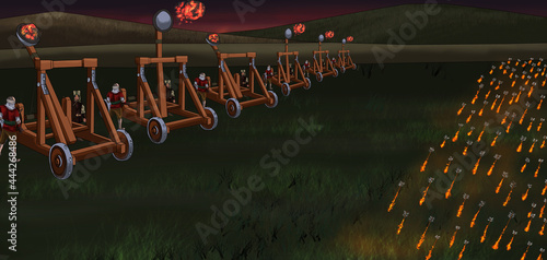 throwing flame stones on the battlefield with catapult