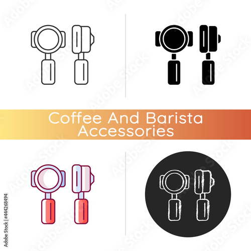 Portafilter icon. Professional tool for cafe. Commercial utensil for espresso preparation in coffee shop. Barista accessories. Linear black and RGB color styles. Isolated vector illustrations