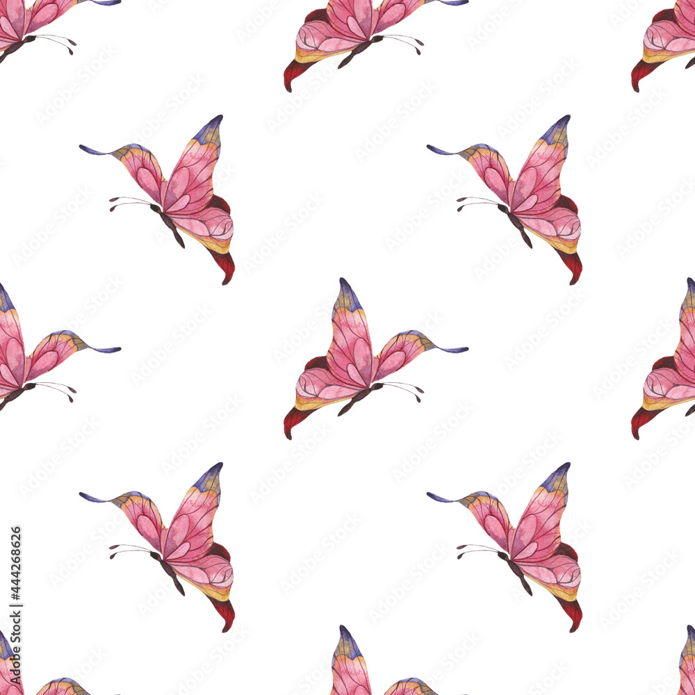 Seamless watercolor pattern with pink abstract butterflies fluttering on a white background. Summer pattern for fabrics. dresses, bed linen, packaging Seamless watercolor pattern with pink abstract butterflies fluttering on a white background. Summer pattern for fabrics. dresses, bed linen, packaging
