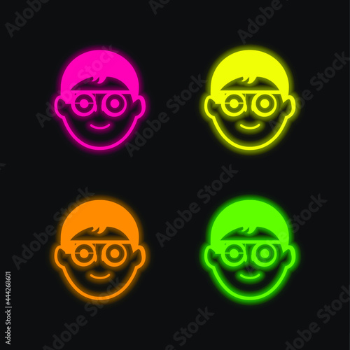 Boy Face With Circular Eyeglasses And Google Glasses four color glowing neon vector icon