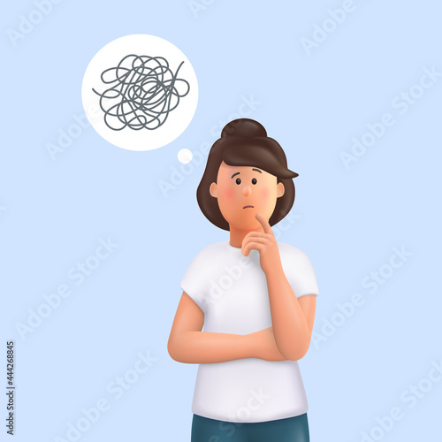Young woman Jane with tangled thoughts.  Business problem solving concept, online communication problem and question resolution. 3d vector people character illustration.