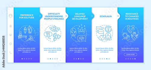 Asperger syndrome signs onboarding vector template. Responsive mobile website with icons. Web page walkthrough 5 step screens. Resistance to changes in routine color concept with linear illustrations