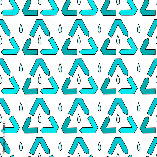 Recyclable triangles seamless pattern. Recycled background with water drops. Zero waste conceptual pattern.