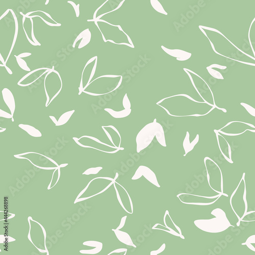 Doodled leaves seamless repeat pattern. Random placed, vector botany leaf illustrations all over surface print on sage green background.