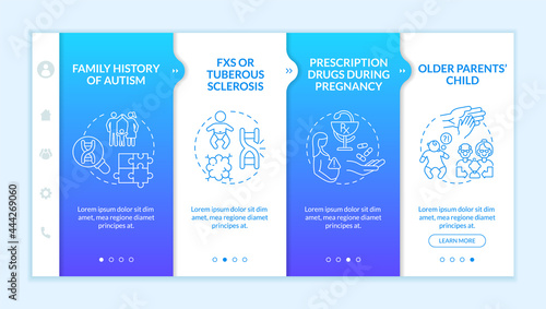 ASD risk factors onboarding vector template. Responsive mobile website with icons. Web page walkthrough 4 step screens. Older parents child, family history color concept with linear illustrations