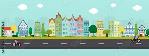 Vector poster overlooking the European city.  City street.	View of houses, street and road.