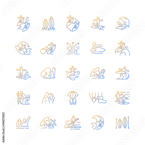 Surfing gradient linear vector icons set. Recreational activity. Catching waves and learning tricks. Surf zone. Thin line contour symbols bundle. Isolated vector outline illustrations collection