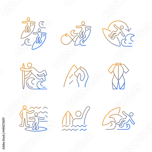 Surface water sport gradient linear vector icons set. Surfing with mate. Performing roundhouse cutback. Surfwax. Thin line contour symbols bundle. Isolated vector outline illustrations collection