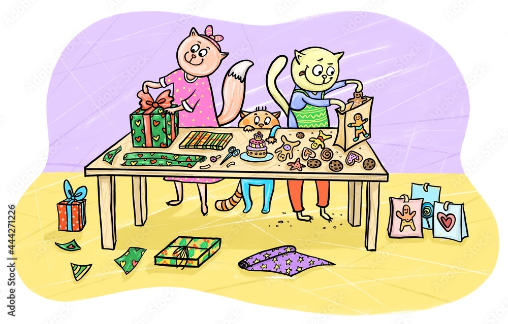 Obraz premium Cartoon illustration of cats family at home wrapping Christmas gift boxes and gingerbread cookies into present paper and bags. Little kitty trying to reach a cake on the table. Holiday preparations.
