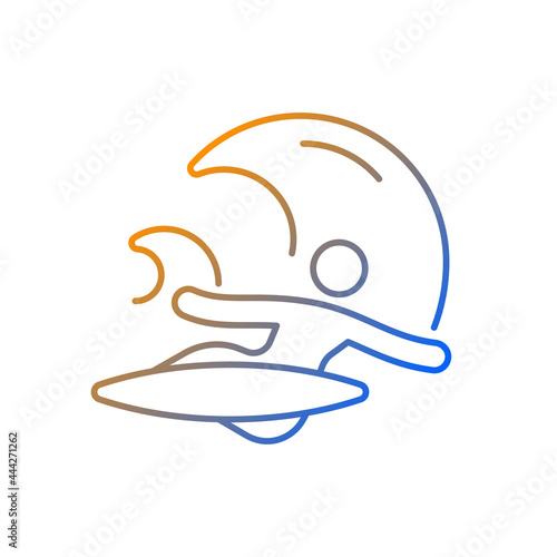 Backhand bottom turn in surfing gradient linear vector icon. Performing fundamental manoeuvre. Backside turn. Thin line color symbols. Modern style pictogram. Vector isolated outline drawing