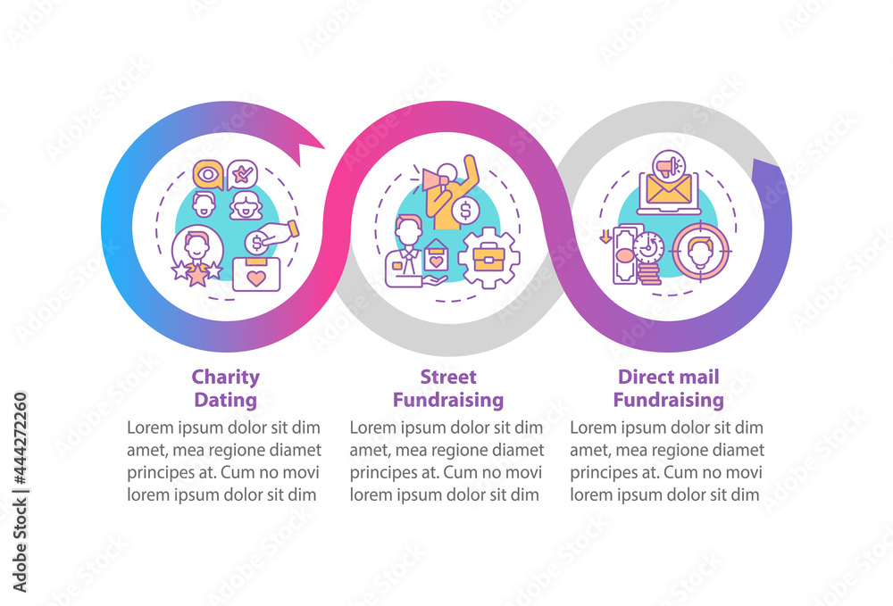 Fototapeta premium Philanthropic activities vector infographic template. Charity dating presentation outline design elements. Data visualization with 3 steps. Process timeline info chart. Workflow layout with line icons