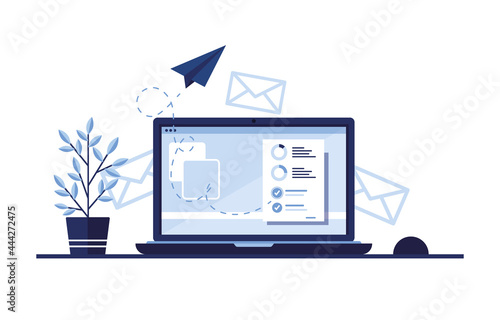Vector banner illustration of email marketing. Workplace at home, in the office. Laptop. Paper airplane. Completed application form for the site. Filling out documents. Monitor screen. Blue. Eps 10