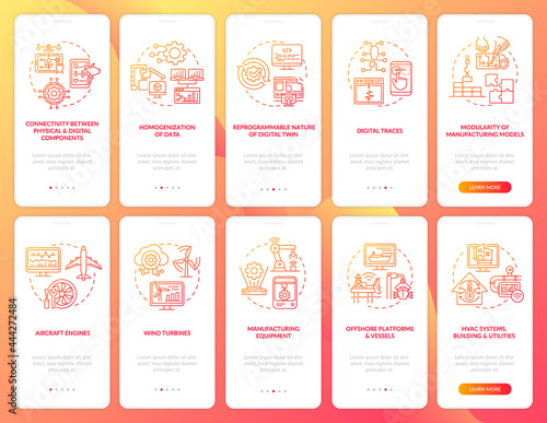 Digital twin onboarding mobile app page screen set. Innovative computers walkthrough 5 steps graphic instructions with concepts. UI, UX, GUI vector template with linear color illustrations