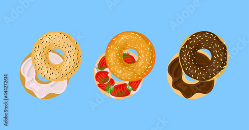 Vector Set of Different Bagels Filled with Cream, Fish, Chocolate, Cartoon Illustrations.
