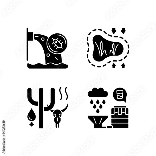 Worldwide rising water demand black glyph icons set on white space. Water contamination. Disappearing wetlands. Animals extinction. Rainwater recycle. Silhouette symbols. Vector isolated illustration