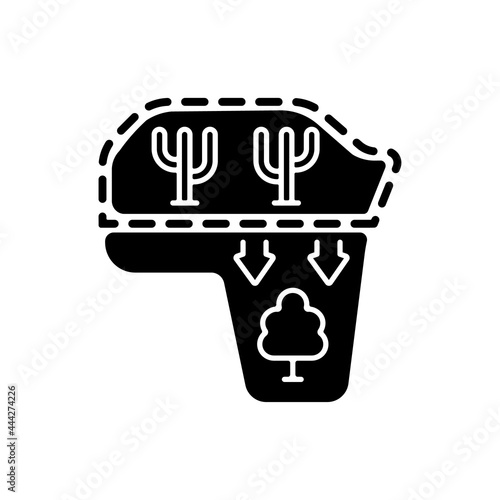 Desert expansion black glyph icon. Desertification process. Human-caused climate change. High evaporation. Land degradation. Silhouette symbol on white space. Vector isolated illustration