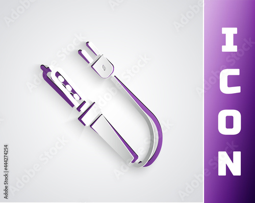 Paper cut Soldering iron icon isolated on grey background. Paper art style. Vector