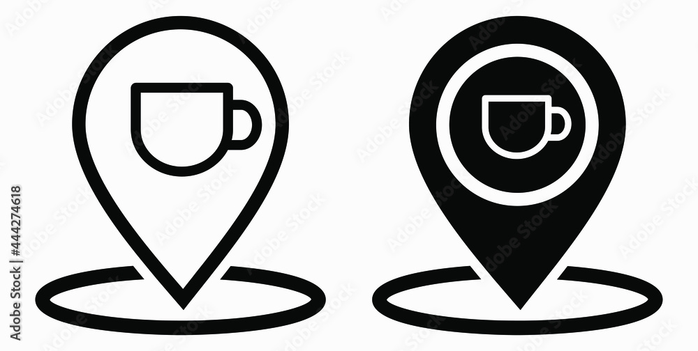 Location of the cafe. GPS and cup. Point on the recreation map. Restaurant icon. Vector icon. Location of the cafe. GPS and cup. Point on the recreation map. Restaurant icon. Vector icon.
