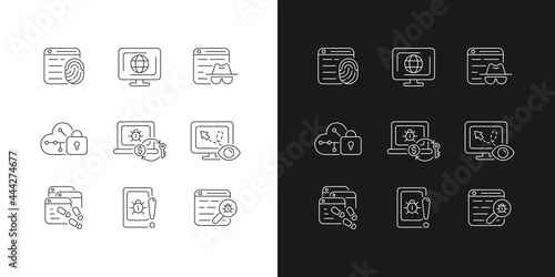 Online behavior monitoring linear icons set for dark and light mode. Digital footprints. Cyberspace. Customizable thin line symbols. Isolated vector outline illustrations. Editable stroke