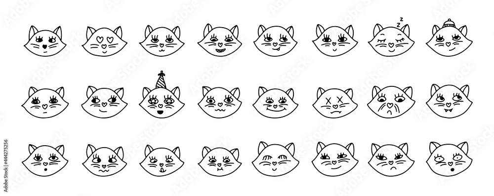 Emoticons outline. Emoji faces emoticon funny smile line black icons expression smiley facial cat humor mood, flat vector isolated set.
