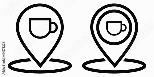 Location of the cafe. GPS and cup. Point on the recreation map. Restaurant icon. Vector icon.