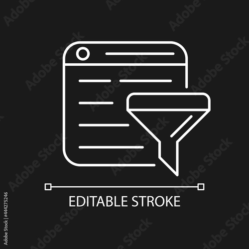 Filter bubble white linear icon for dark theme. Intellectual isolation. Algorithmic bias. Thin line customizable illustration. Isolated vector contour symbol for night mode. Editable stroke