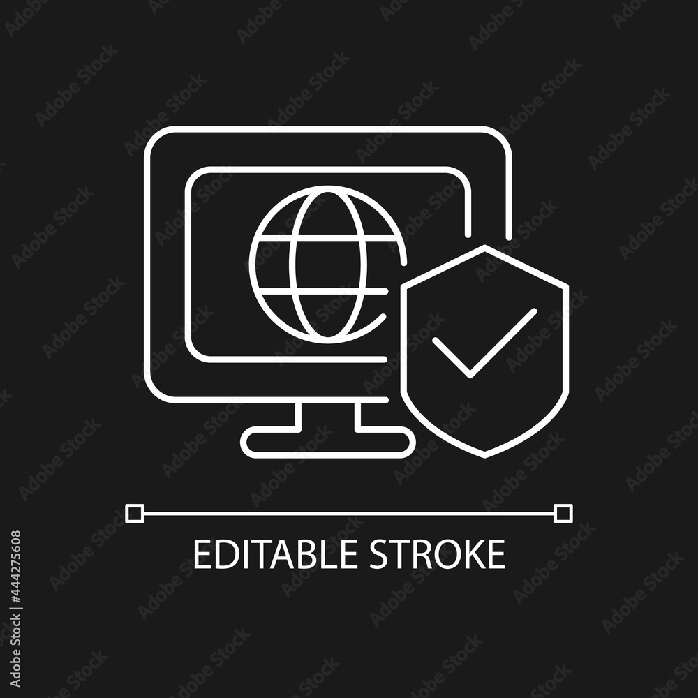 Network security white linear icon for dark theme. Protection from unauthorized intrusion. Thin line customizable illustration. Isolated vector contour symbol for night mode. Editable stroke Network security white linear icon for dark theme. Protection from unauthorized intrusion. Thin line customizable illustration. Isolated vector contour symbol for night mode. Editable stroke