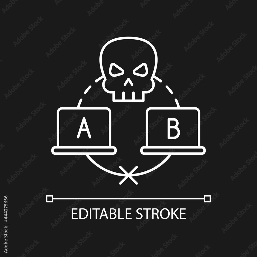Sniffing attack white linear icon for dark theme. Illicitly data capturing and decoding. Thin line customizable illustration. Isolated vector contour symbol for night mode. Editable stroke Sniffing attack white linear icon for dark theme. Illicitly data capturing and decoding. Thin line customizable illustration. Isolated vector contour symbol for night mode. Editable stroke