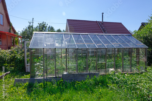 Roofs of wooden houses and greenhouses in the village against the background of blue sky and green foliage. Hot sunny summer day. Medium plan