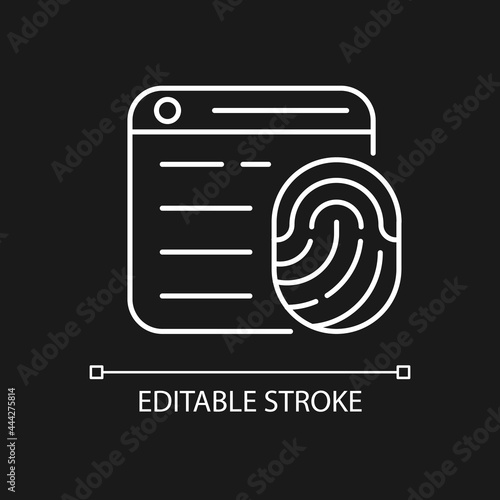 Browser fingerprinting white linear icon for dark theme. Collecting info about users from websites. Thin line customizable illustration. Isolated vector contour symbol for night mode. Editable stroke