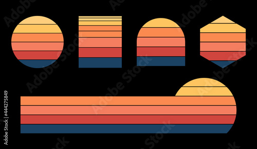 Vintage sunset collection in 70s 80s style. Regular and distressed retro sunset set. Five options with textured versions. Circular gradient background. T shirt design element. Vector illustration,flat